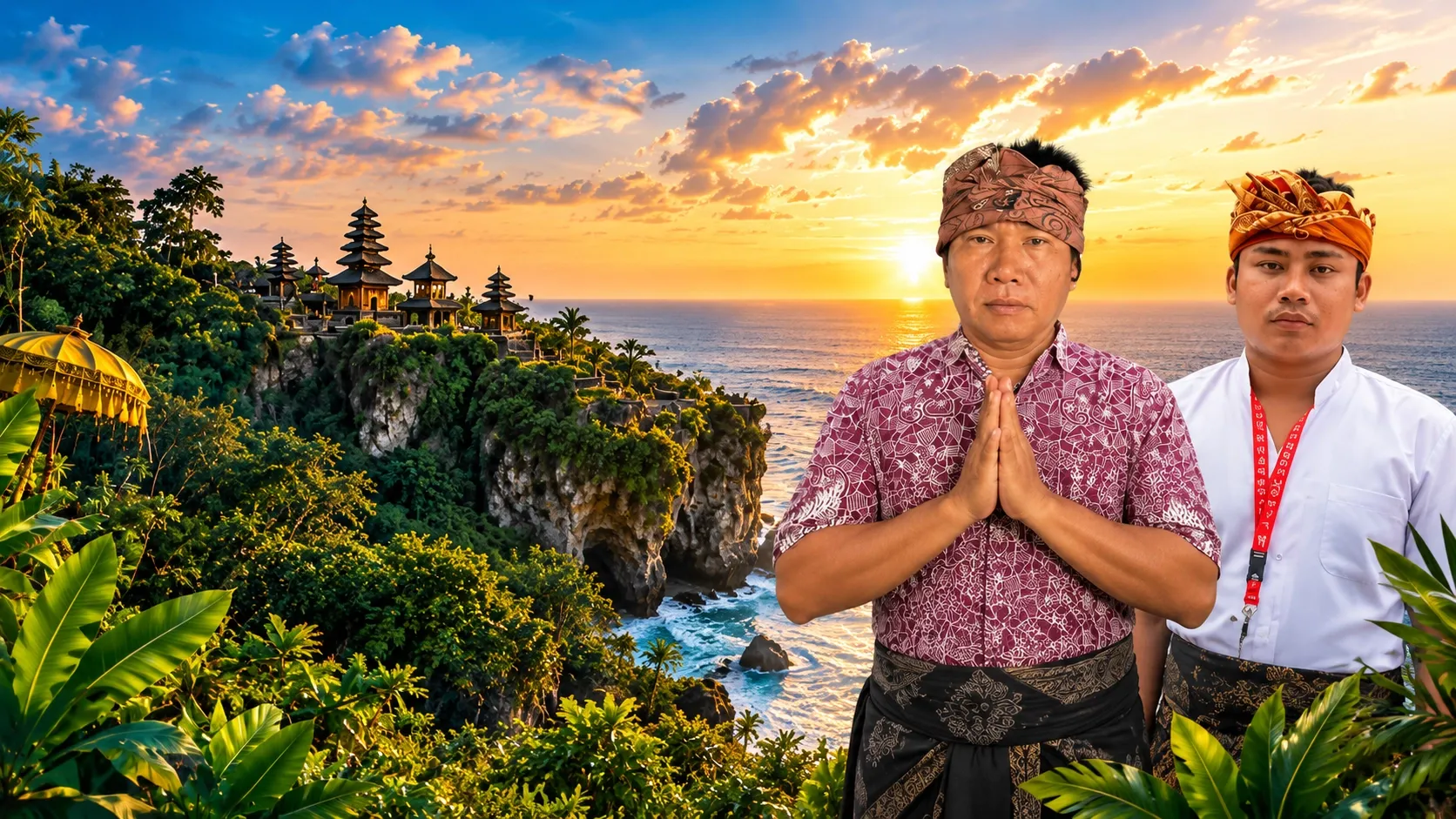 Tropical Bali coastline with a temple near the water