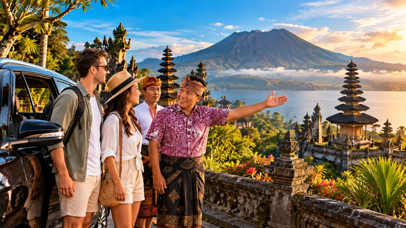 Temple and tropical landscape on a Bali sightseeing route