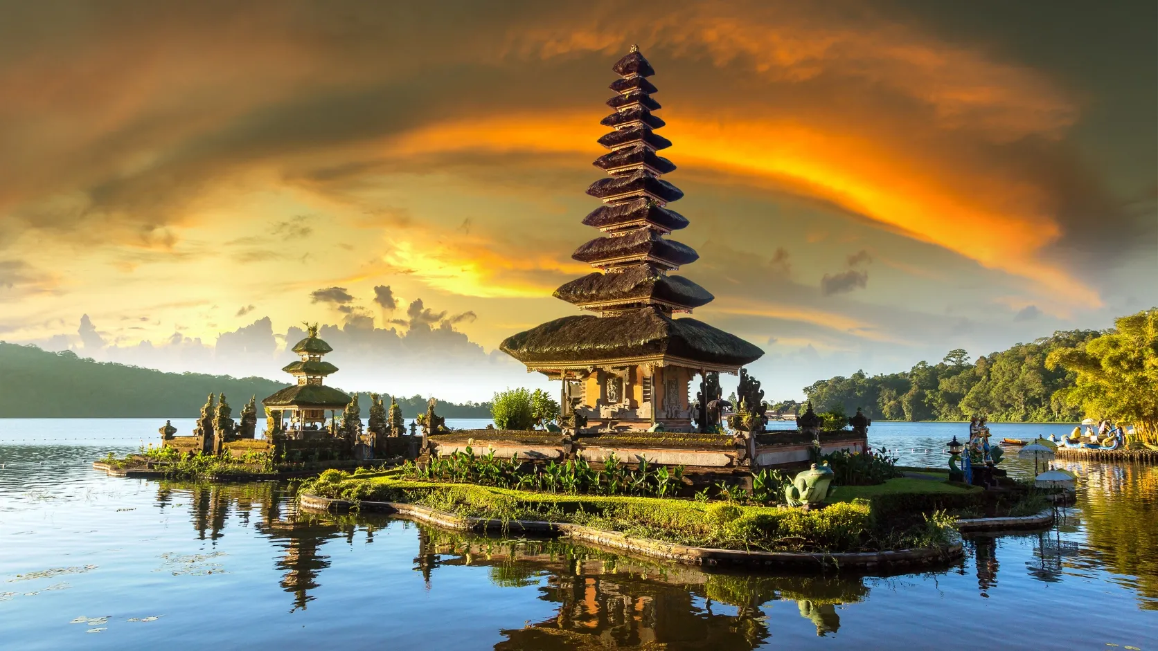 Lakeside temple with a calm mountain lake