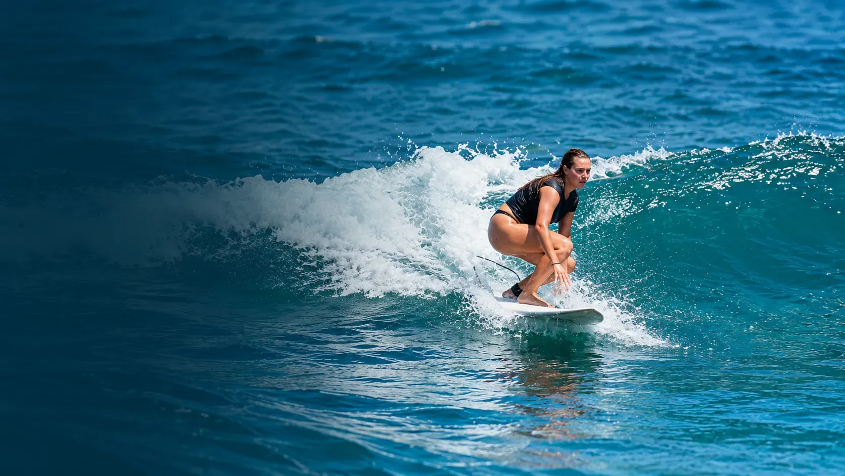 Woman surfing a wave at Balangan Beach, Bali