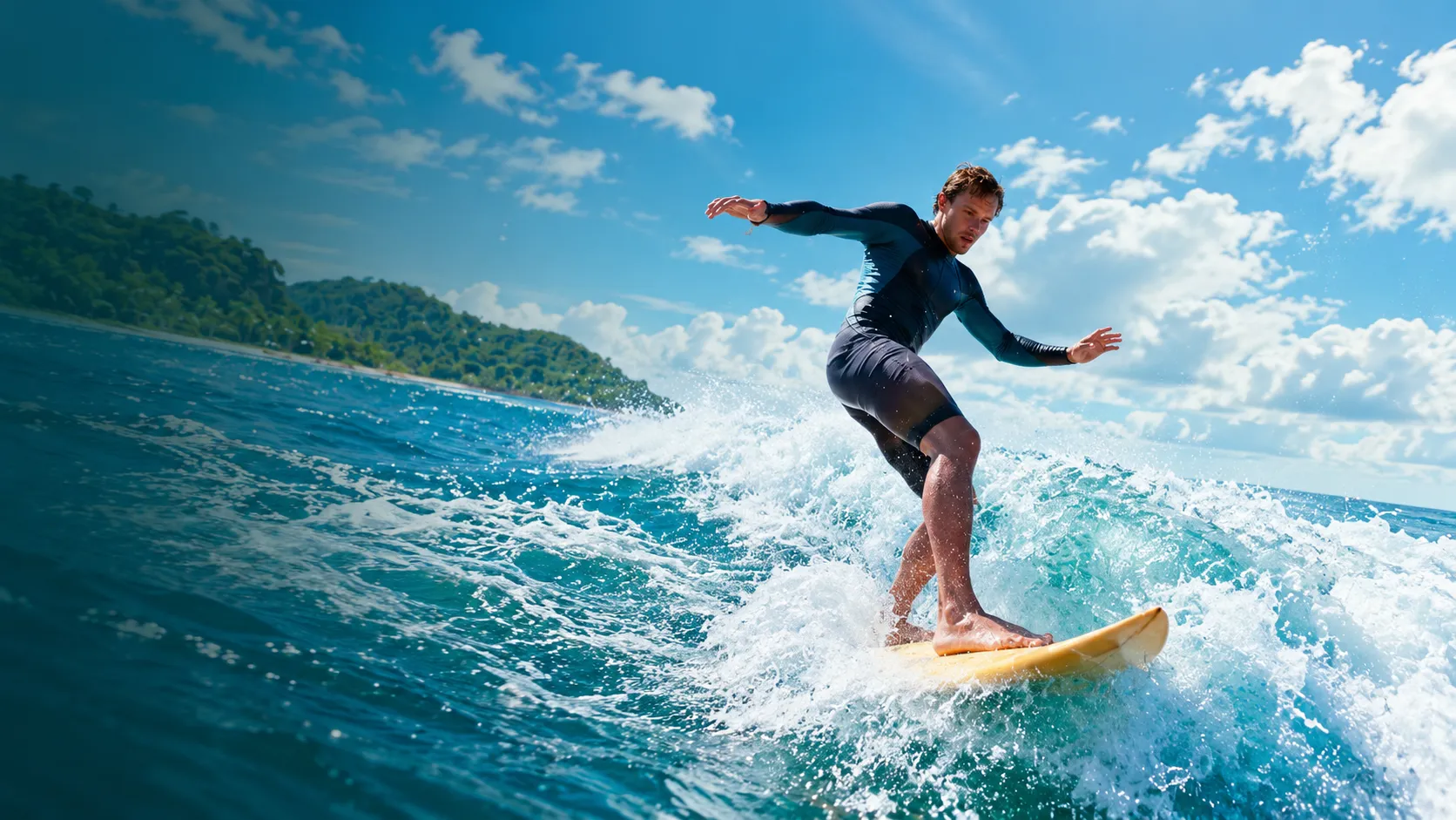 Surfer riding an ocean wave during a surf lesson