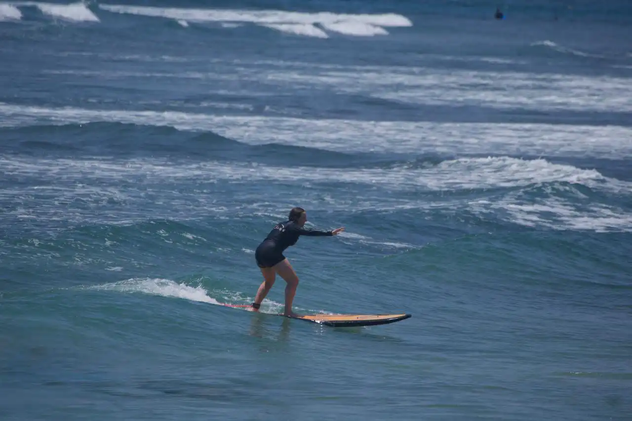 Surf lesson group waiting on boards in the lineup