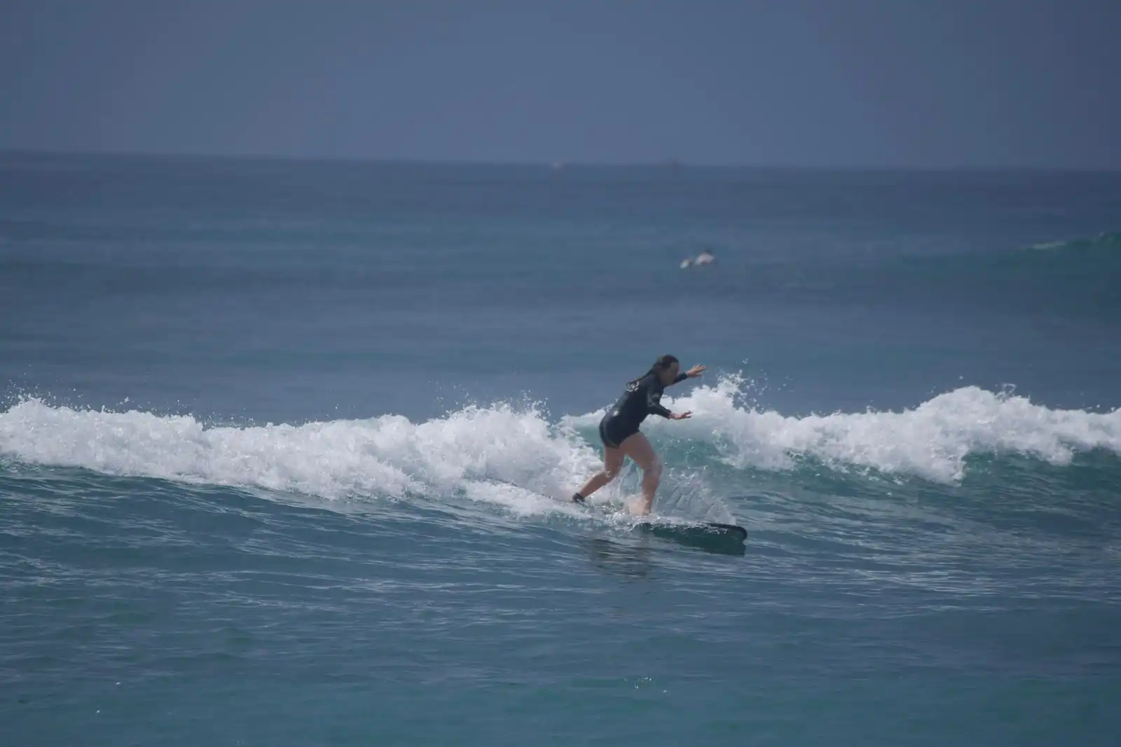 Surf lesson group spread across the lineup