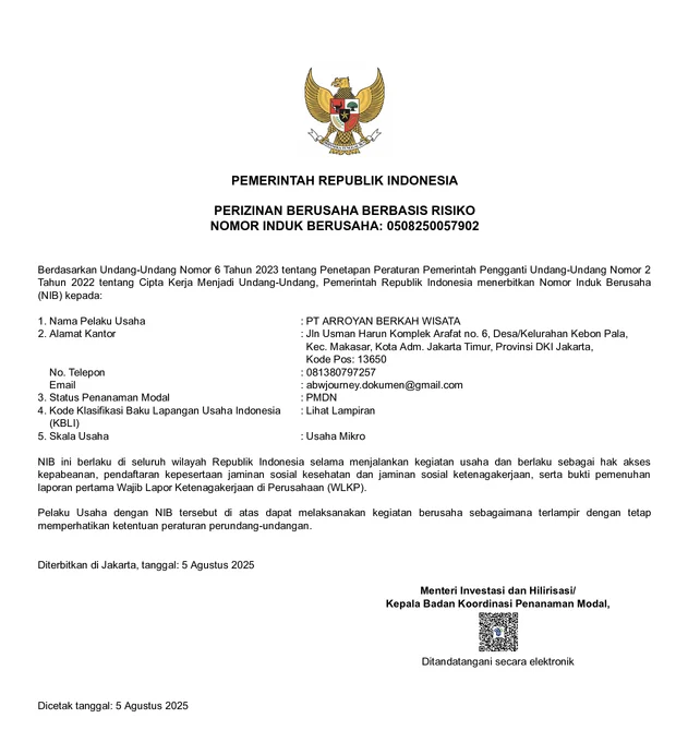 Izin Usaha Terdaftar PT Arroyan Berkah Wisata